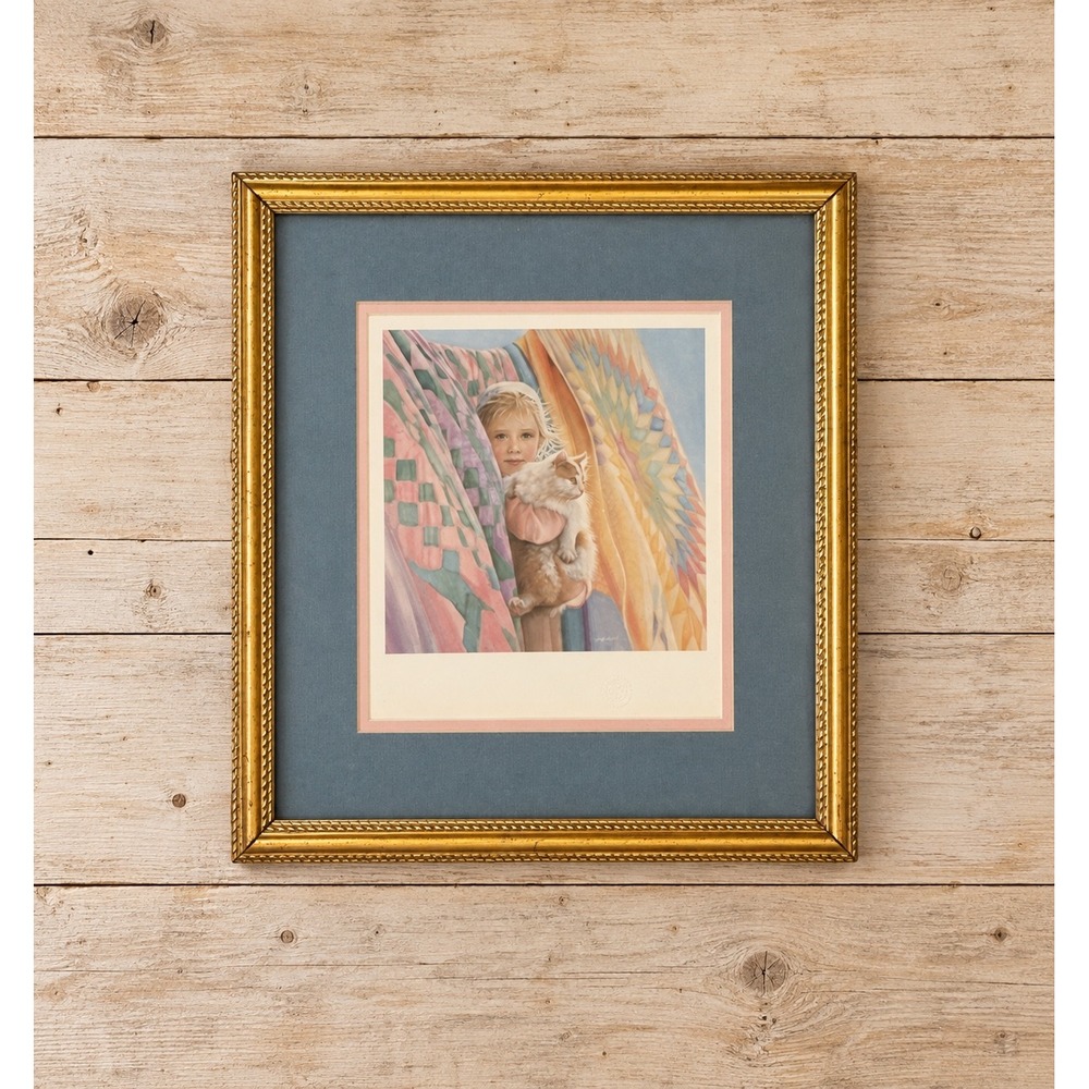 Nancy Noel Vintage Framed Art Print Girl with Cat and Quilts Gold Ornate Frame